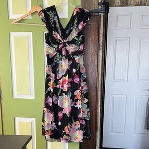 Adrianna Papell Black Midi Dress with Pink, Yellow & Green Floral Print